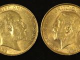 two gold sovereigns, one of which has a portrait of a man and the other of a woman