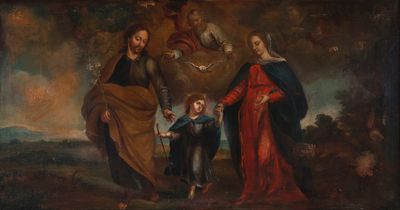 un tableau représentant un homme, une femme et un enfant dans un paysage