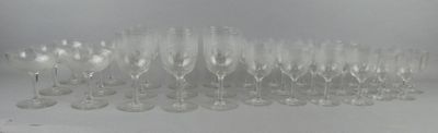 many empty wine glasses lined up on a table