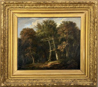 un tableau représentant un paysage boisé avec des arbres au premier plan