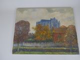 an oil painting of a castle on a hill with trees in the foreground