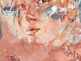 abstract painting of a woman ' s face with birds flying around her
