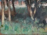a painting of a cow in a field with trees
