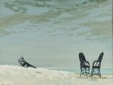 un tableau représentant deux chaises sur la plage, avec l'océan en arrière-plan