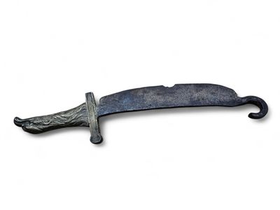 a close up of a knife on a white background