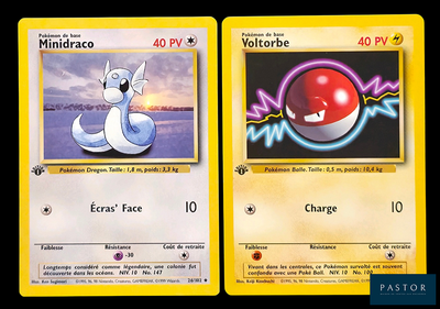 deux cartes Pokémon présentant des motifs différents, sur fond noir
