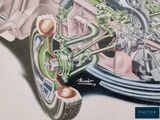 a drawing of a car engine with a steering wheel