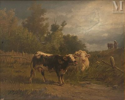 un tableau représentant des vaches dans un champ, près d'une clôture