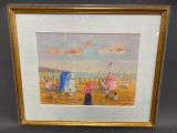 painting of a beach scene with umbrellas and people on the beach