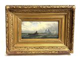 an oil painting of a sailboat in the ocean with sailboats in the background