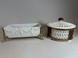 pair of white and gold porcelain covered dishes with handles