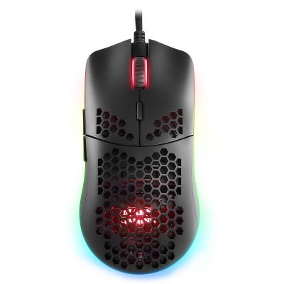 une souris d'ordinateur noire avec un voyant rouge