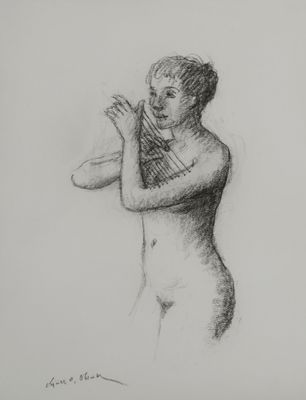 a black and white drawing of a man playing a guitar
