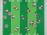 a painting of a green field with a football game on it