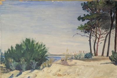 a painting of a beach scene with trees and a body of water in the background