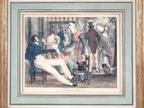painting of a man sitting on a chair in front of a group of people
