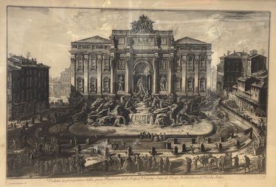 an old drawing of a large building with a fountain in the middle of it