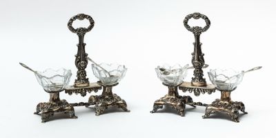 pair of antique silver plated candlesticks with crystal bowls and spoons