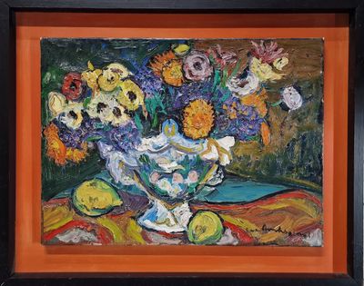 a painting of flowers in a vase on a table