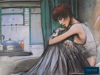 a drawing of a woman sitting on a bed in a room