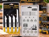 une boîte contenant 5 outils de menuiserie posée sur une table