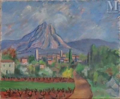 painting of a landscape with a mountain in the background