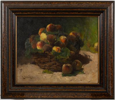 an oil painting of a basket of peachs on a table