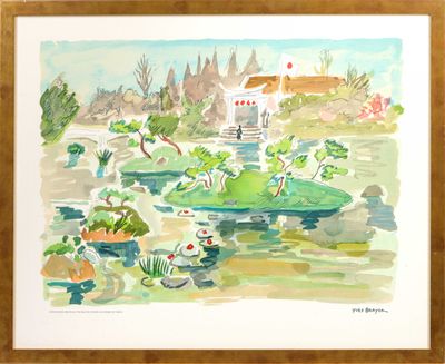 une photo représentant une aquarelle représentant une maison et un étang