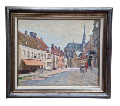 une peinture à l'huile d'une scène de rue avec une voiture à cheval