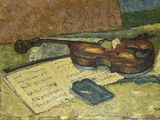 un tableau représentant un violon et des partitions posés sur une table