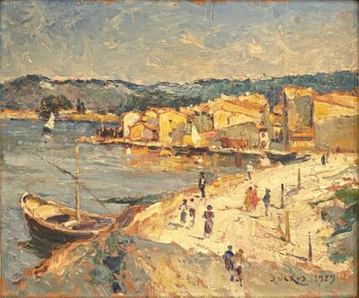 painting of a beach scene with boats and people on the shore