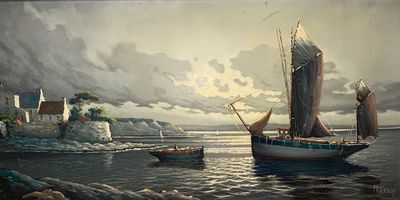 a painting of a sailboat on the water with a castle in the background