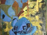 une peinture à l'huile représentant un chapeau bleu et un vase bleu posés sur une table