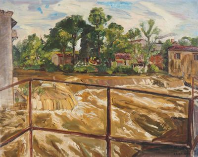 une peinture à l'huile représentant une vue d'une ferme depuis un balcon
