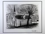 dessin au crayon représentant une église avec un arbre devant