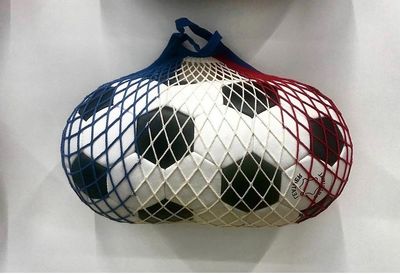 two balls in a mesh bag hanging on the wall