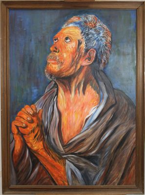 tableau représentant un vieil homme tenant une cigarette à la main