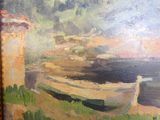 a painting of a boat on the shore by the water