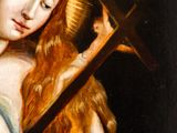 an image of a painting of a woman holding a cross in her hands