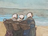 a painting of three people walking on the beach with a basket