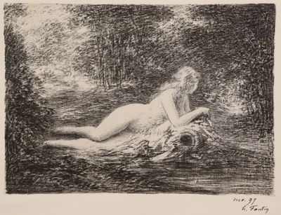 a black and white drawing of a woman laying on the ground