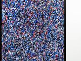an abstract painting of blue, red and white paint on a black frame