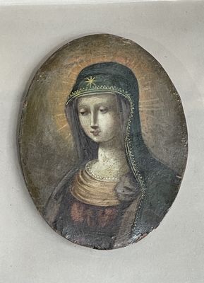 painting of a woman wearing a green headdress in a white room