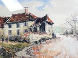 une aquarelle représentant une maison au bord de la route