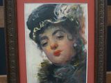 tableau représentant une femme coiffée d'un chapeau et vêtue d'un manteau de fourrure, assise sur un banc en bois