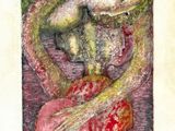 painting of a woman in a red dress with a snake on her shoulder