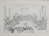 an old drawing of a court scene with a large group of people sitting around a table