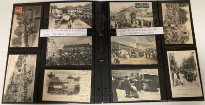 plusieurs vieilles photos en noir et blanc représentant des personnes et des véhicules, tirées d'un livre
