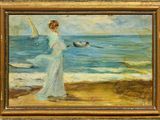 tableau représentant une femme en robe blanche sur la plage