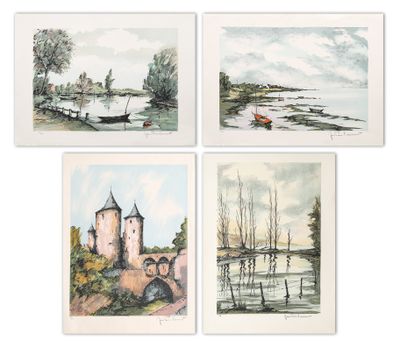 quatre aquarelles représentant un château, une rivière et un bateau
